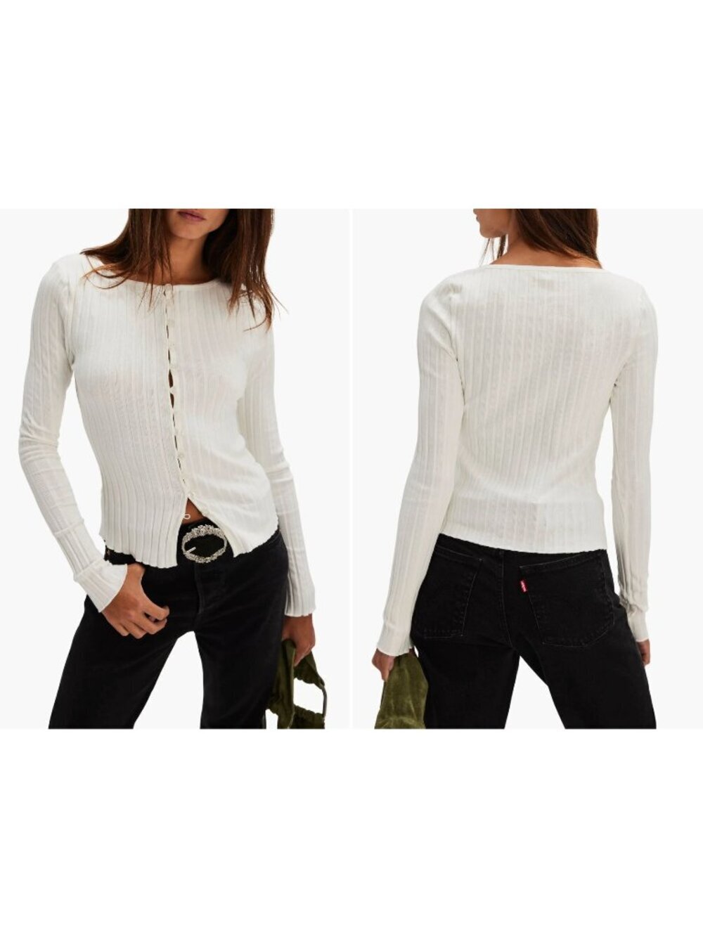 New Free People Women's Size XS Ivory Tilly Rib Long Sleeve Button-Up Top